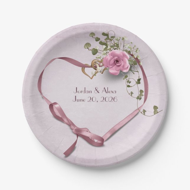 Assiettes En Carton Coeur de ruban rose mariage avec rose (Devant)