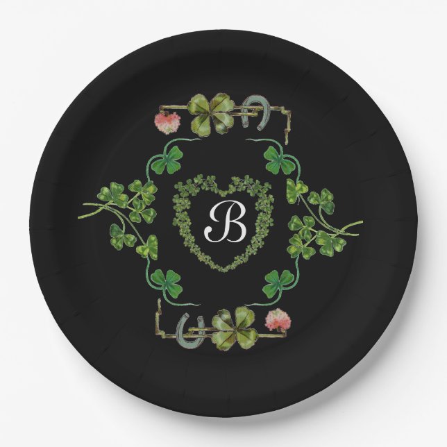 Assiettes En Carton CŒUR DE TRÈFLE, FLEURS, MONOGRAMME FLORAL VERT Noi (Devant)
