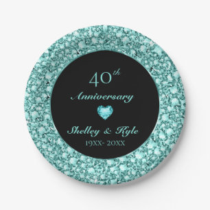 Assiettes En Carton Coeur Et Diamants Turquoise - Anniversaire