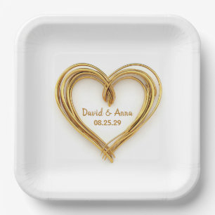 Assiettes En Carton Coeur mariage Gold câblé sur blanc