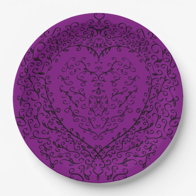 Assiettes En Carton Coeur Mariage gothique violet et noir (Devant)