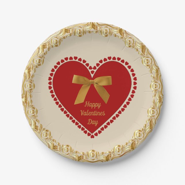 Assiettes En Carton Coeur romantique élégant de rouge d'arc d'or de (Devant)