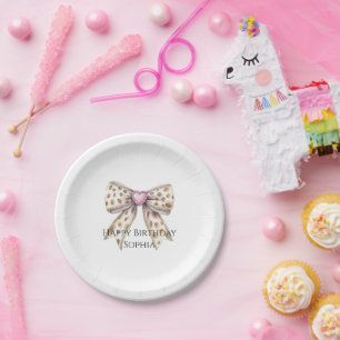 Assiettes En Carton Coeur rose léopard fille Bow Anniversaire