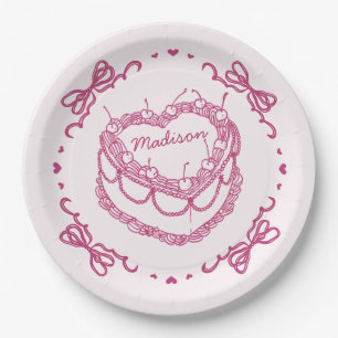 Assiettes En Carton Coeur rose rétro Coquette gâteau cerisier Personna