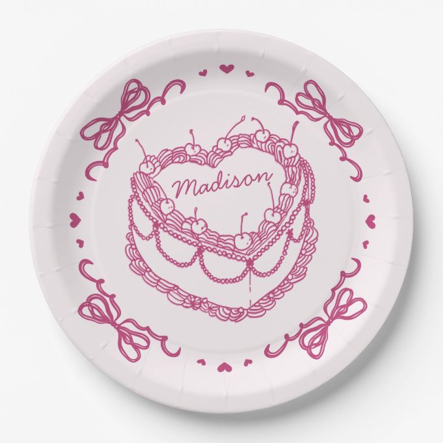 Assiettes En Carton Coeur rose rétro Coquette gâteau cerisier Personna (Devant)