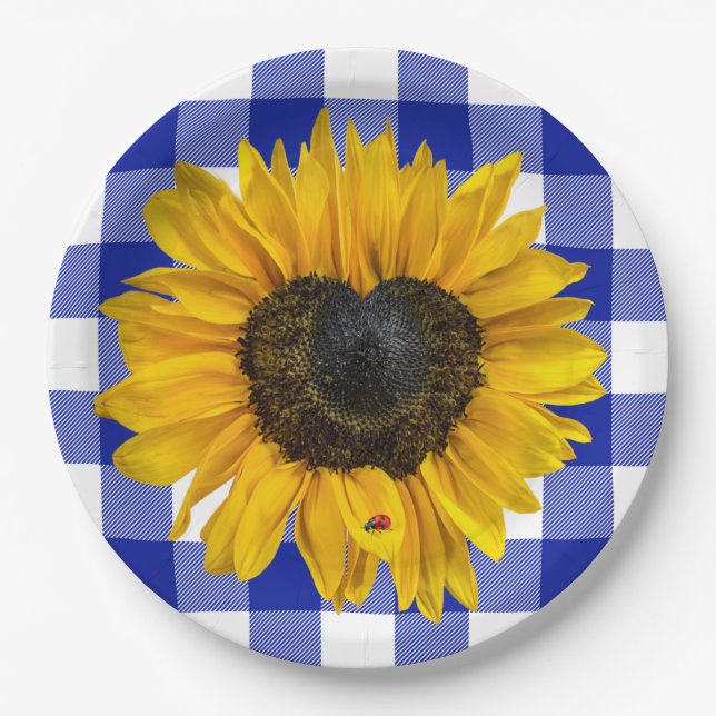 Assiettes En Carton Coeur Tournesol Ladybug sur Buffalo Plaid (Devant)