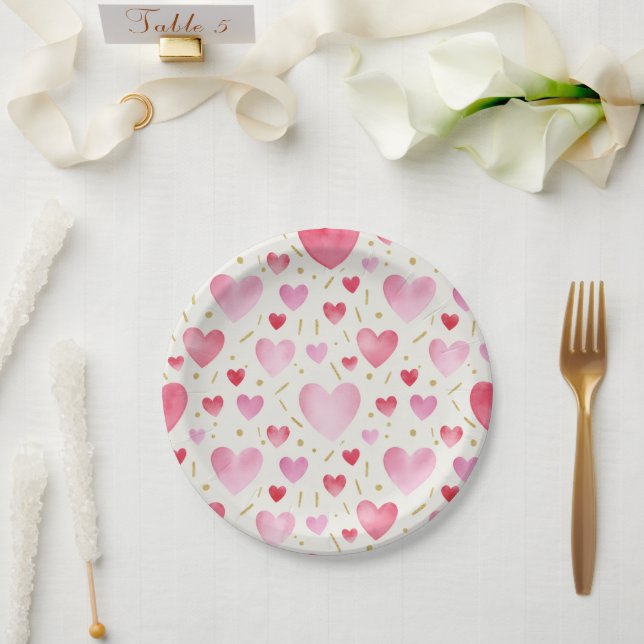 Assiettes En Carton Cœurs Aquarelles Romantiques & Confettis Paillette (Mariage)