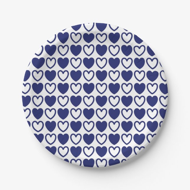 Assiettes En Carton Coeurs bleu et blanc (Devant)