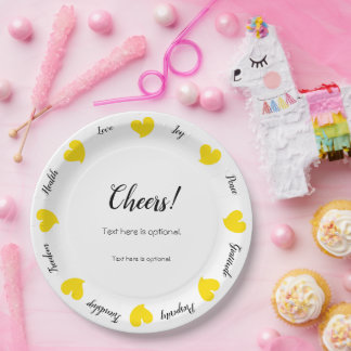 Assiettes En Carton Cœurs chaleureux Jaune - Texte personnalisé au cen