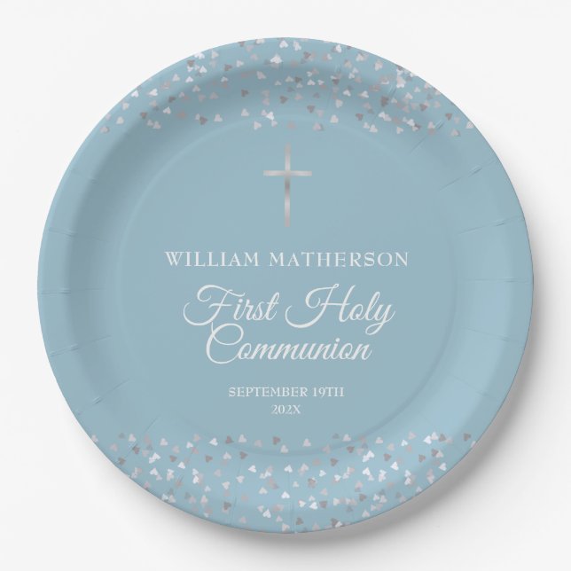 Assiettes En Carton Coeurs Confetti Première communion sainte (Devant)