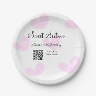 Assiettes En Carton Coeurs d'aquarelle rose QR Sweet sixteen anniversa