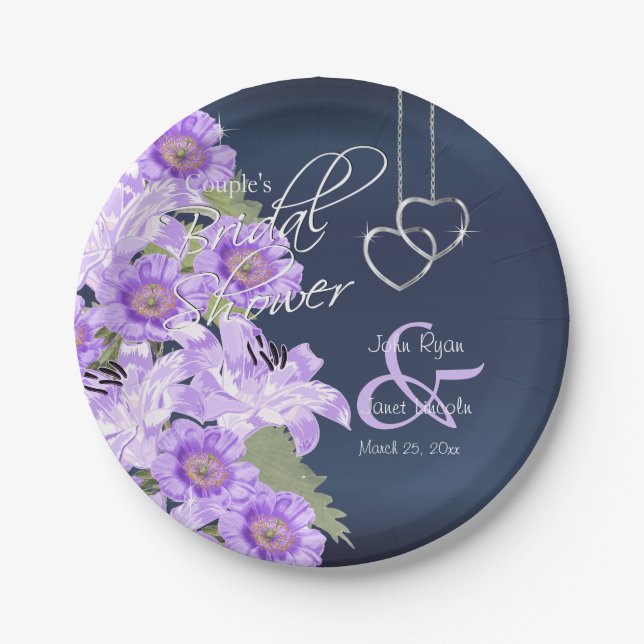 Assiettes En Carton Coeurs d'argent sur Lavender & Navy Satin (Devant)