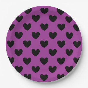 Assiettes En Carton Coeurs de polka noir sur violet