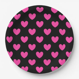 Assiettes En Carton Coeurs de polka rose Fuchsia sur noir
