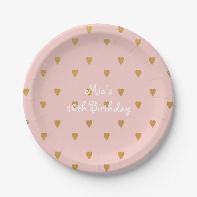 Assiettes En Carton Coeurs d'or sur les plaques de fête d'anniversaire (Devant)