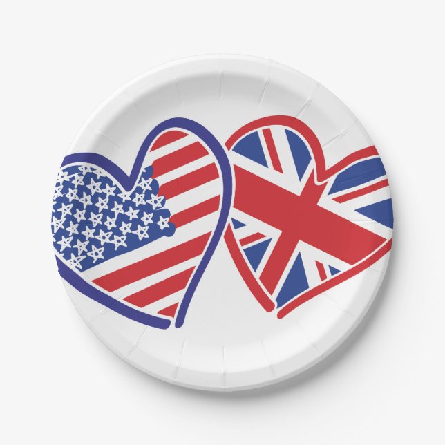 Assiettes En Carton Coeurs du drapeau américain et britannique (Devant)
