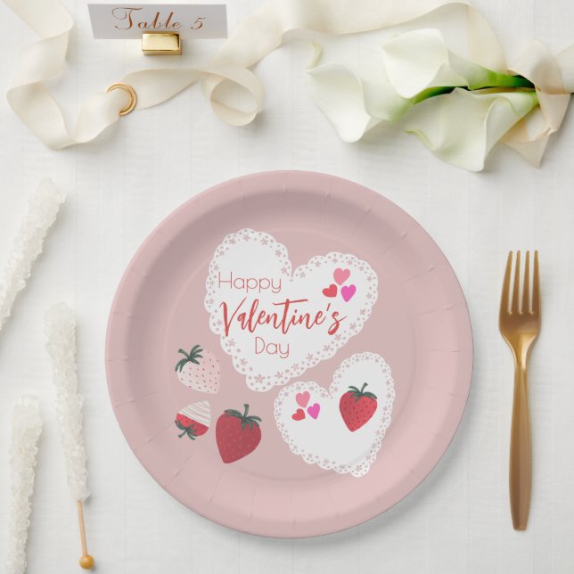 Assiettes En Carton Coeurs et fraises Joyeuse Saint Valentin (Mariage)