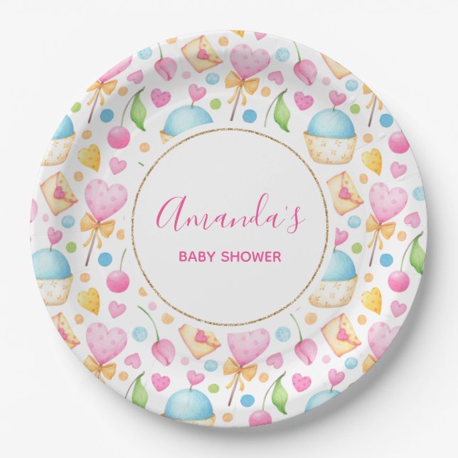 Assiettes En Carton Coeurs et muffins Motif de l'aquarelle (Devant)