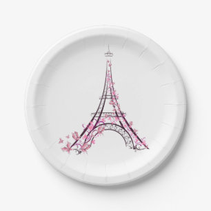 Assiettes En Carton Coeurs et papillons roses Paris Tour Eiffel