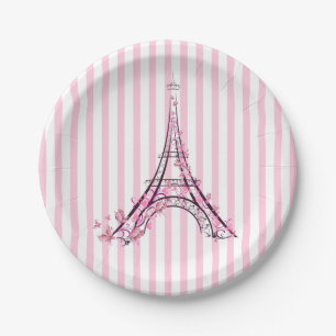 Assiettes En Carton Coeurs et papillons roses Paris Tour Eiffel