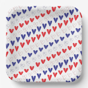 Assiettes En Carton Coeurs patriotiques rouge, blanc et bleu