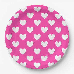 Assiettes En Carton Coeurs polka blanc sur rose fuchsia