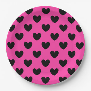 Assiettes En Carton Coeurs polka noirs sur rose fuchsia