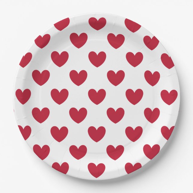 Assiettes En Carton Coeurs polka rouge sur blanc (Devant)