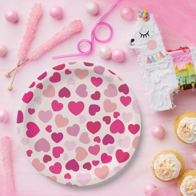Assiettes En Carton Coeurs roses avec blanc (Fête)