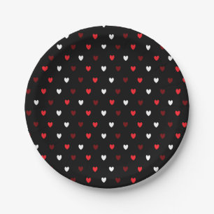 Assiettes En Carton Coeurs rouge et blanc sur noir