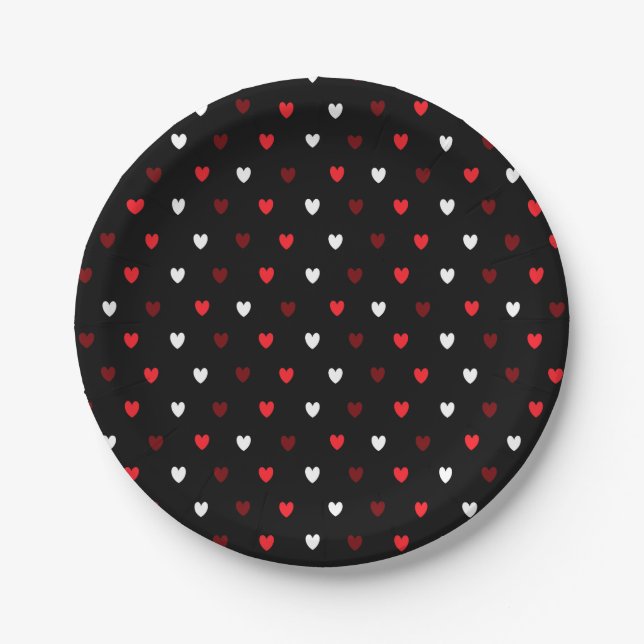 Assiettes En Carton Coeurs rouge et blanc sur noir (Devant)