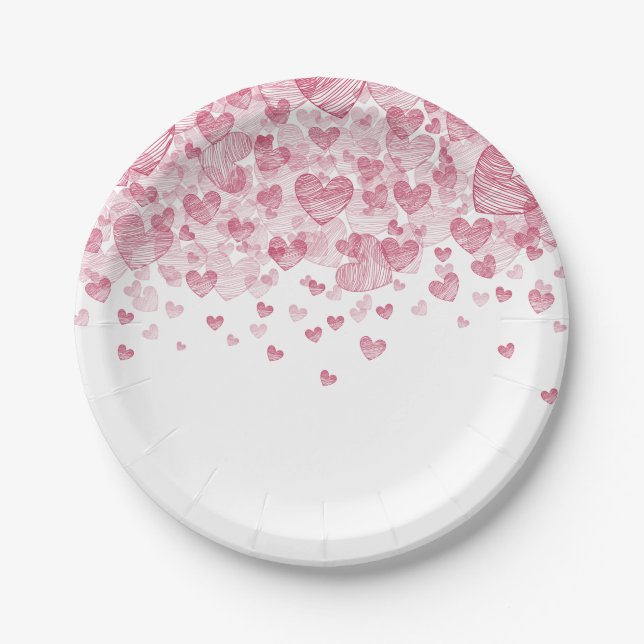 Assiettes En Carton Coeurs rouges éparpillés Saint Valentin (Devant)