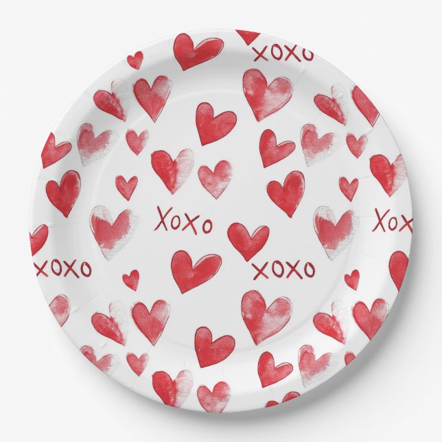 Assiettes En Carton Cœurs Rouges XOXO Amour (Devant)