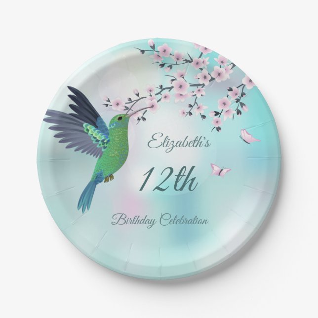Assiettes En Carton Colibri Et Fleur De Cerisiers | Anniversaire (Devant)