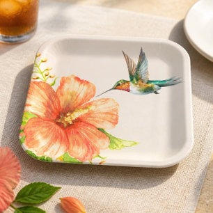 Assiettes En Carton Colibri et fleur d'Hibiscus