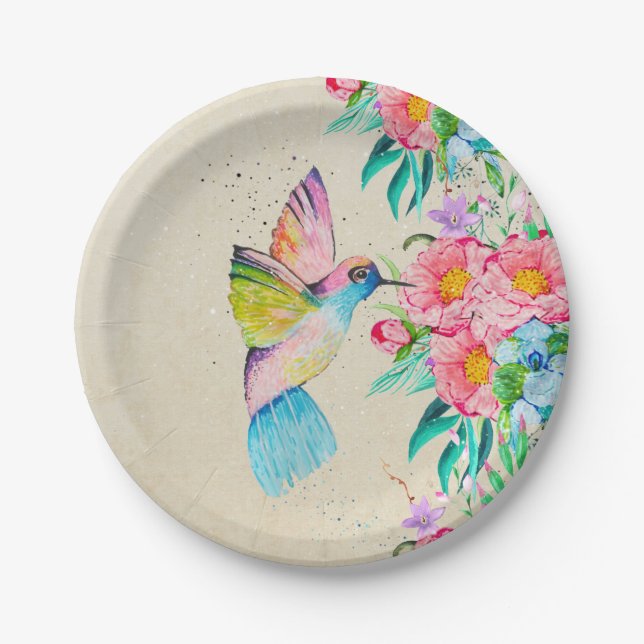 Assiettes En Carton Colibri et fleurs d'aquarelle (Devant)