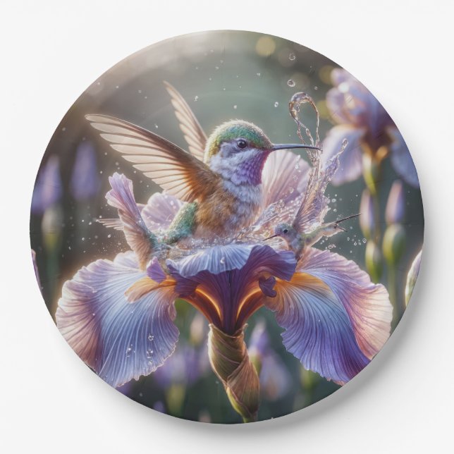 Assiettes En Carton Colibri S'Éclaboussant Dans Un Iris (Devant)