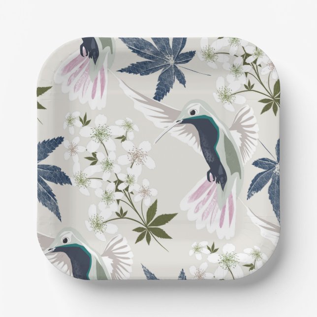 Assiettes En Carton Colibris et fleurs blanches. (Recto)