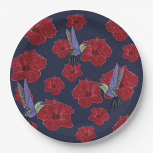 Assiettes En Carton Colibris Hawaï fleurs rouges