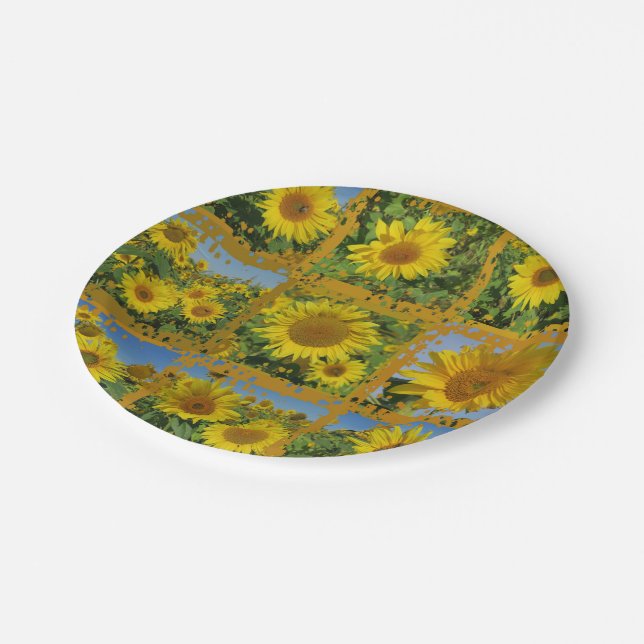 Assiettes En Carton Collage de tournesols jaunes en été (Angle)