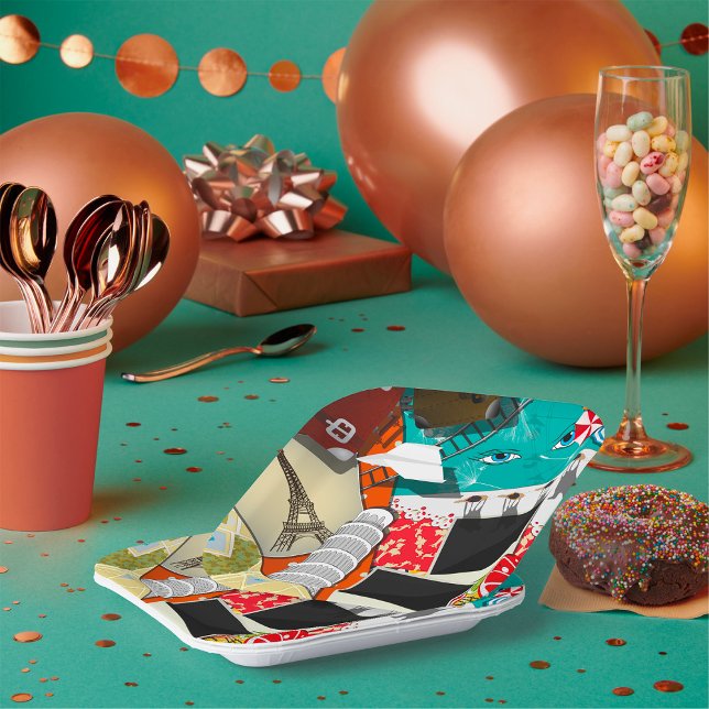 Assiettes En Carton Collage de voyage avec des sites touristiques embl (Créateur téléchargé)