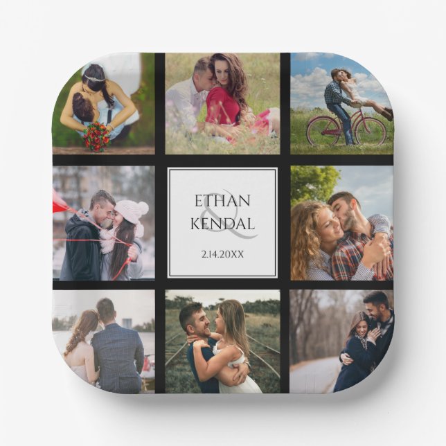 Assiettes En Carton Collage photo Plaques en papier Mariage noir et bl (Recto)