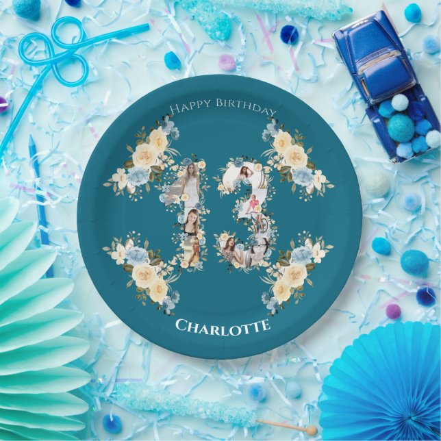 Assiettes En Carton Collage photo turquoise 13e anniversaire Fleur Jau (Fête)