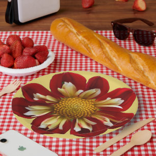 Assiettes En Carton Collarette rouge Dahlia sur Floral Jaune