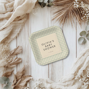 Assiettes En Carton Collection de Baby showers En vichy verts de Sage 