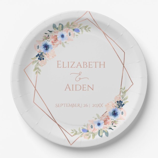 Assiettes En Carton Collection de Mariages bleu Peach (Devant)