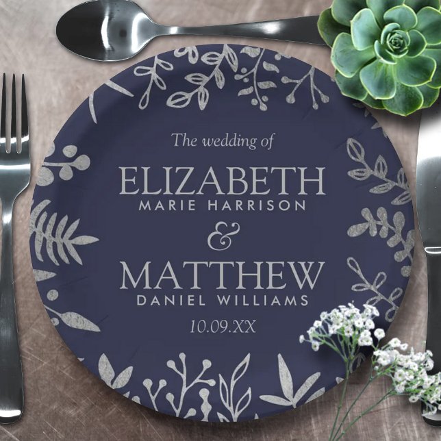Assiettes En Carton Collection de Mariages floraux en argent et marine (Créateur téléchargé)