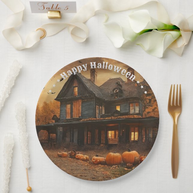 Assiettes En Carton Collection Halloween Citrouille Maison éffrayante (Mariage)