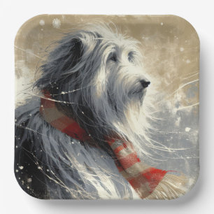 Assiettes En Carton Collie À Poils Avec Écharpe D'Hiver À Rayures