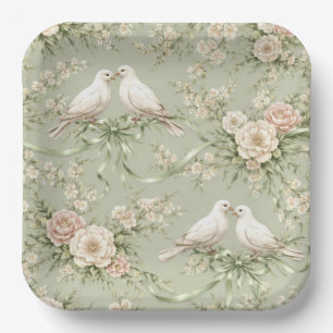 Assiettes En Carton Colombes de mariage et rubans vert sauge
